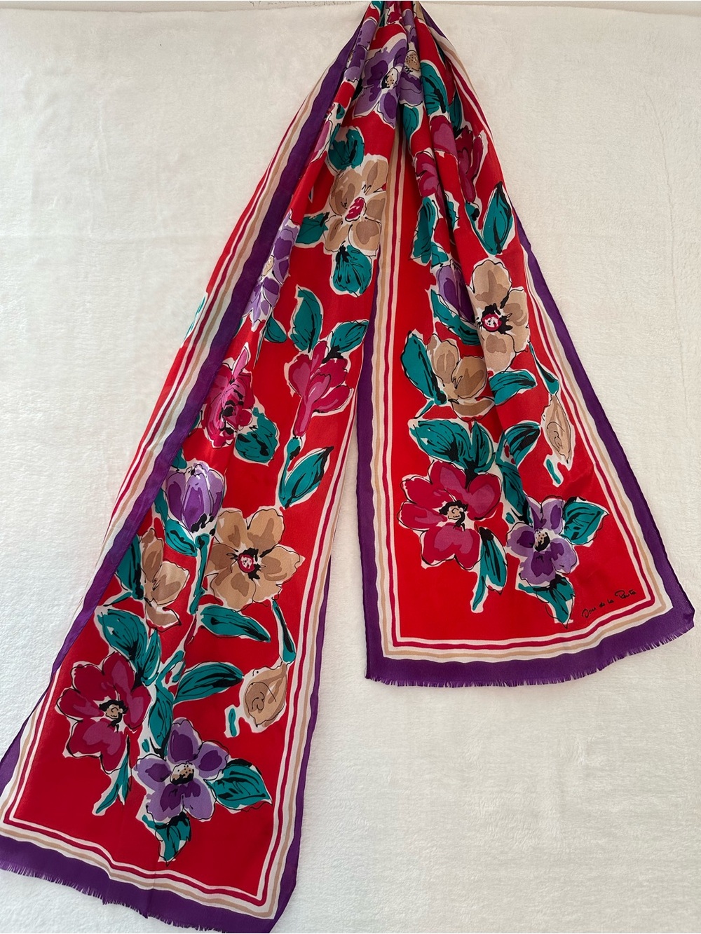 Oscar de la Renta Vintage Red Floral 100% Silk Scarf with Purple Trim